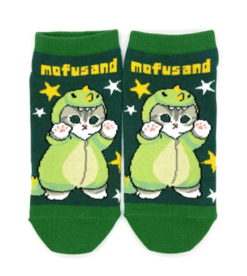 Mofusand Ankle Socks - Cat : Dinosaur Green