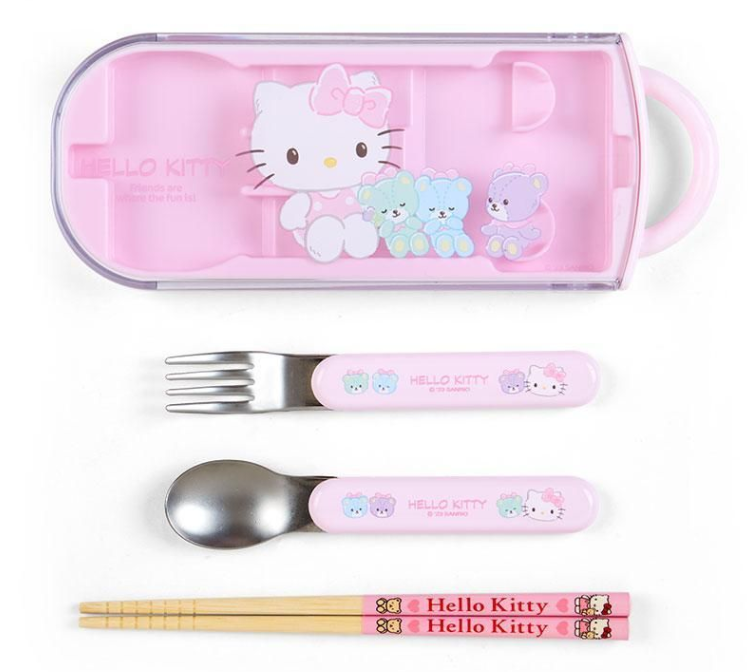 Sanrio Fork Spoon Chopsticks Tableware Set with Case - Hello Kitty