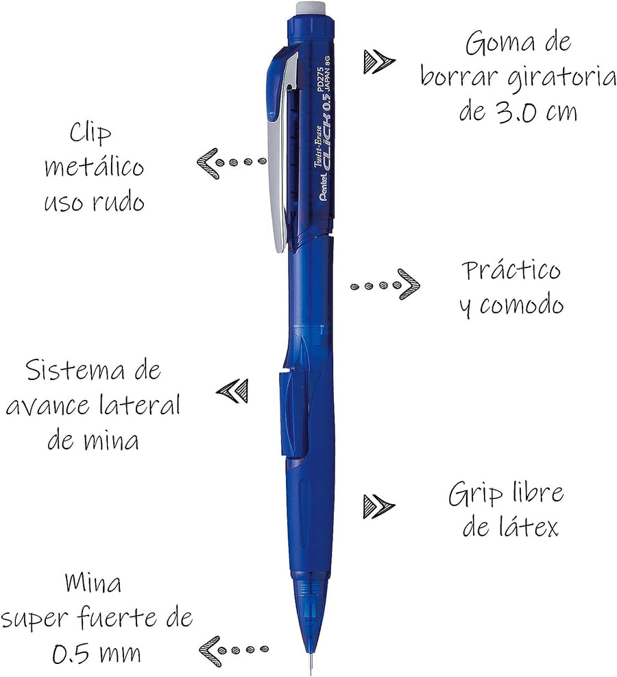 派通Twist-Erase CLICK 侧压自动铅笔 PD275TC 0.5毫米 透明蓝色